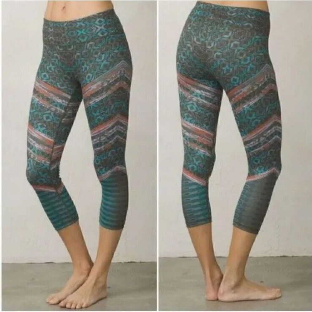 PrAna Women Roxanne Cropped Leggings Green Tribe Aztec Print Size Small